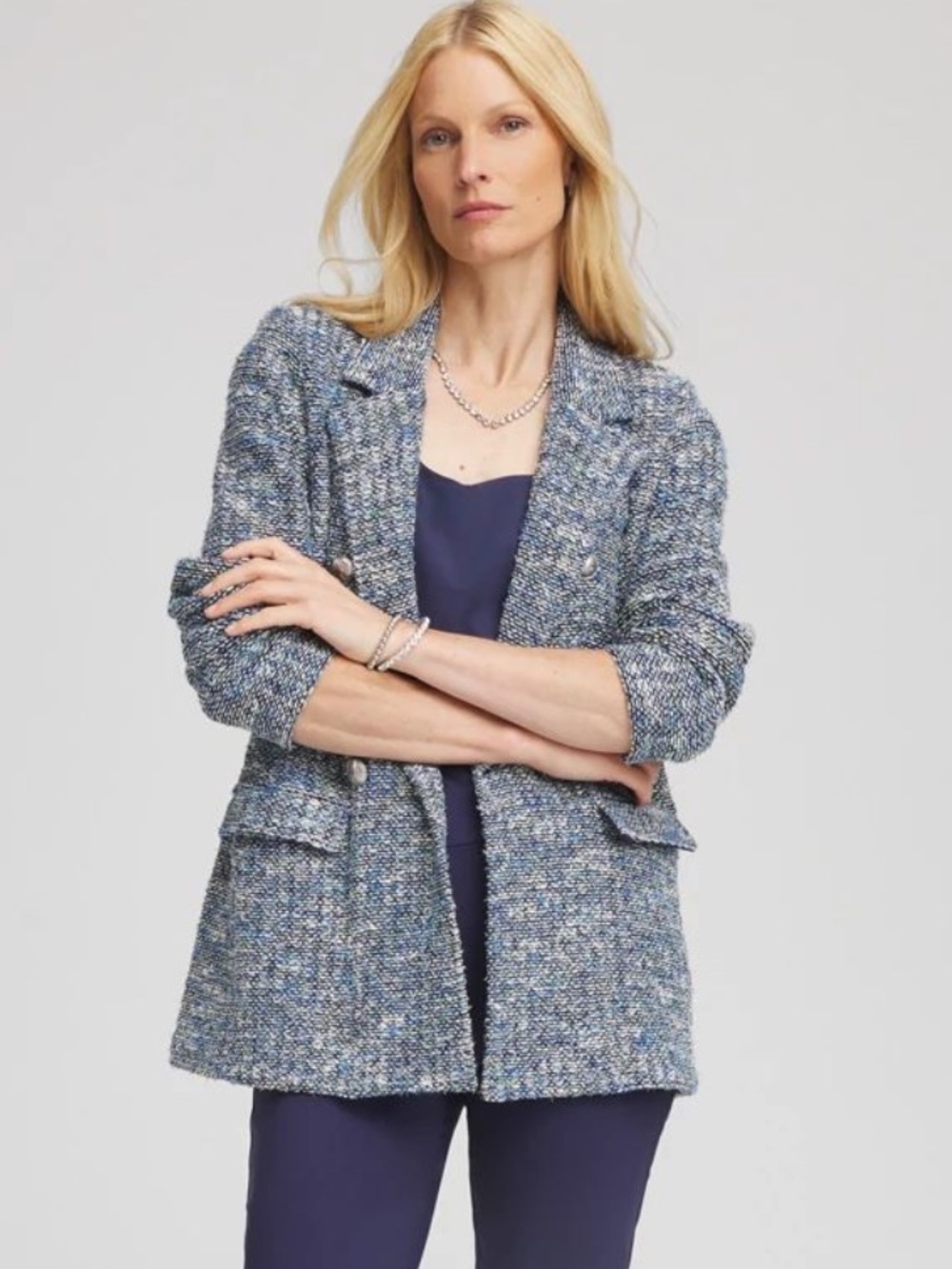 Chico’s Tweed Double-Breasted Blazer Blue XL - Picture 2 of 9